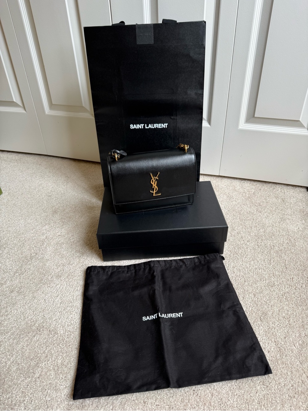 Saint Laurent Black Leather Shoulder Bag with Gold YSL Emblem - Picture 1 of 9